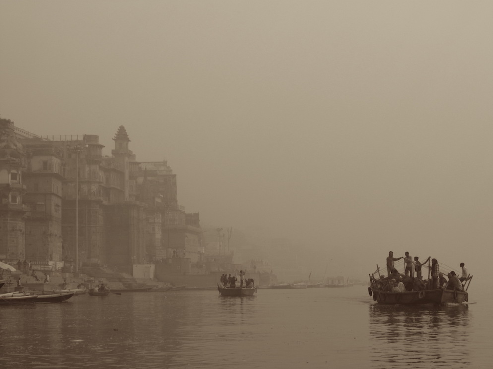 Boats on the Ganges with the Ghats in the background